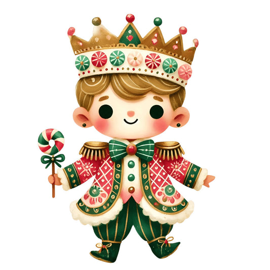 nutcracker, holiday, christmas, festive, whimsical, children's, toy soldier, royal, crown, green, red, gold, cream, vintage, retro, cute, playful, decorative, peppermint, bow, formal wear, jacket, epaulettes, ornate, traditional, winter, festive season, character panel, novelty