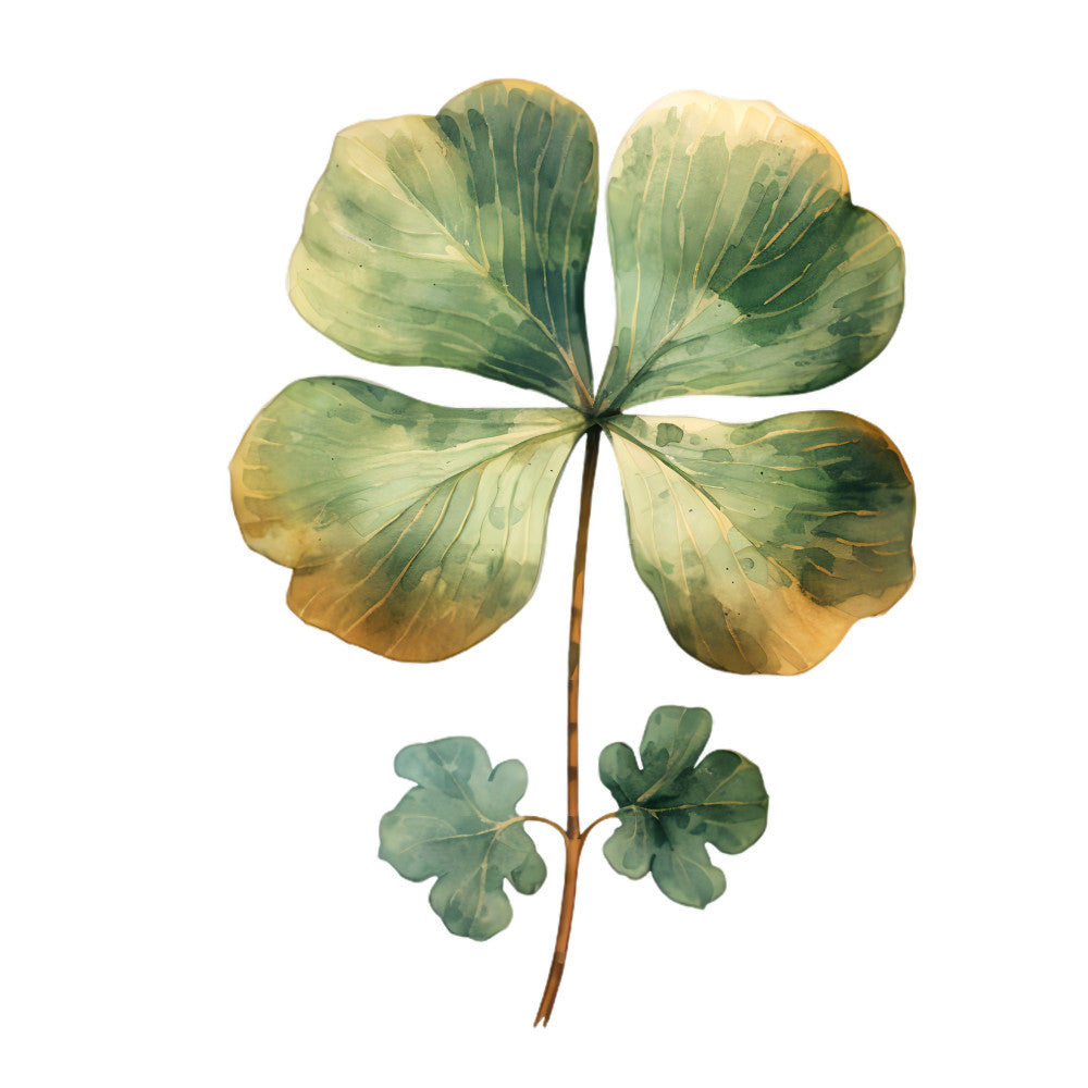 four leaf clover, shamrock, lucky charm, pressed flowers, botanical, sage green, pale yellow, golden yellow, cream, nature, vintage botanical, watercolor, delicate, elegant, spring, summer, st patrick's day, irish, traditional, whimsical, rustic, natural tones, earthy, hand-painted, decorative, herbarium, plant illustration, timeless, sentimental