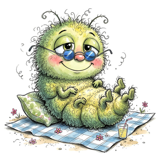 lime green, pale yellow, sage green, soft pink, cornflower blue, whimsical, cute creature, fuzzy animal, children's, playful, picnic theme, blanket picnic, summer, spring, nature-inspired, garden, flowers, pink flowers, glasses-wearing character, charming, storybook, illustration, fantasy creature, plaid picnic blanket, outdoor scene, cheerful, friendly character, kid-friendly, novelty print