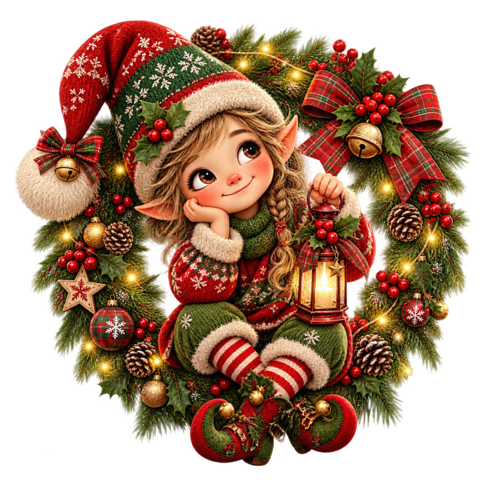 christmas elf, holiday, festive, whimsical, cute character, red and green, forest green, cream, gold accents, plaid, tartan, striped socks, pine garland, holly, pinecones, jingle bells, ornaments, lantern, bows, snowflakes, winter, traditional christmas, vintage style, cheerful, smile face, braided hair, pointy ears, needle felted look, children's theme, christmas panel