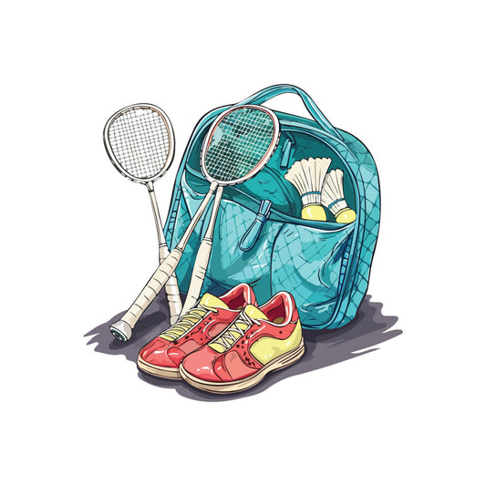 badminton, sports, teal, turquoise, coral red, yellow, cream, athletic gear, rackets, shuttlecocks, sneakers, backpack, active lifestyle, recreational sports, summer, leisure, whimsical, playful, hobby, outdoor activities, illustrated, colorful, youth, fun, casual, contemporary, sport equipment, game day, adventure, retro inspired