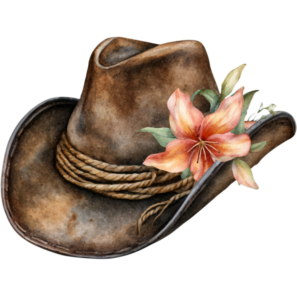 cowboy hat, western, rustic, floral, coral pink, peach, cream, brown, tan, sage green, wildflowers, botanical, country, farmhouse, vintage, whimsical, nature, flowers, rope detail, distressed, folk art, spring, summer, cottage core, equestrian, ranching, decorative, artistic, watercolor style