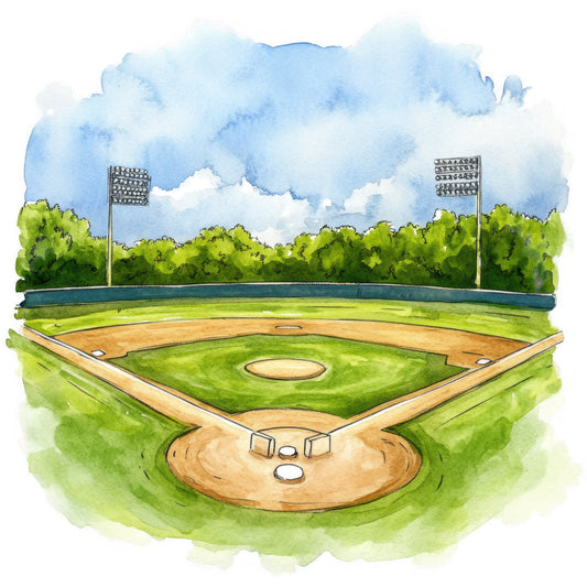 baseball, sports, stadium, sky blue, cloud white, grass green, lime green, sage green, tan, brown, field, diamond, bases, home plate, bleachers, lights, outdoor sports, recreational, leisure, summer, americana, athletic, geometric, landscape, nature, daytime, scenic, watercolor style