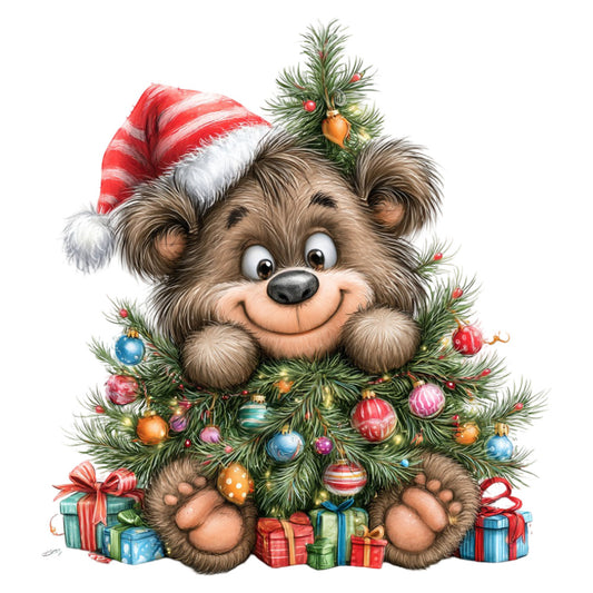 teddy bear, christmas, holiday, santa hat, cute animals, whimsical, festive, red and white, forest green, gold ornaments, baubles, gifts, presents, children's, playful, cheerful, warm, traditional christmas, evergreen branches, pine needles, striped ornaments, blue ornaments, pink ornaments, seasonal, winter, decorative, family friendly, nursery, storybook style