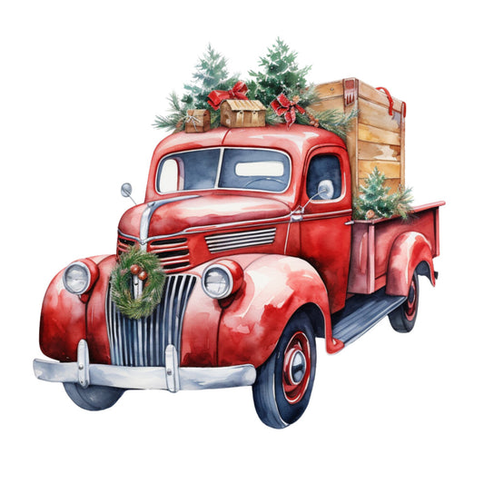 red truck, vintage pickup, christmas theme, evergreen trees, wooden crates, holiday decorations, watercolor style, festive garland, gift boxes, winter scene, fabric panel, quilting cotton, seasonal motif, rustic charm, holiday crafting, pine boughs, red ribbons, nostalgic artwork, christmas crafts, vintage vehicle