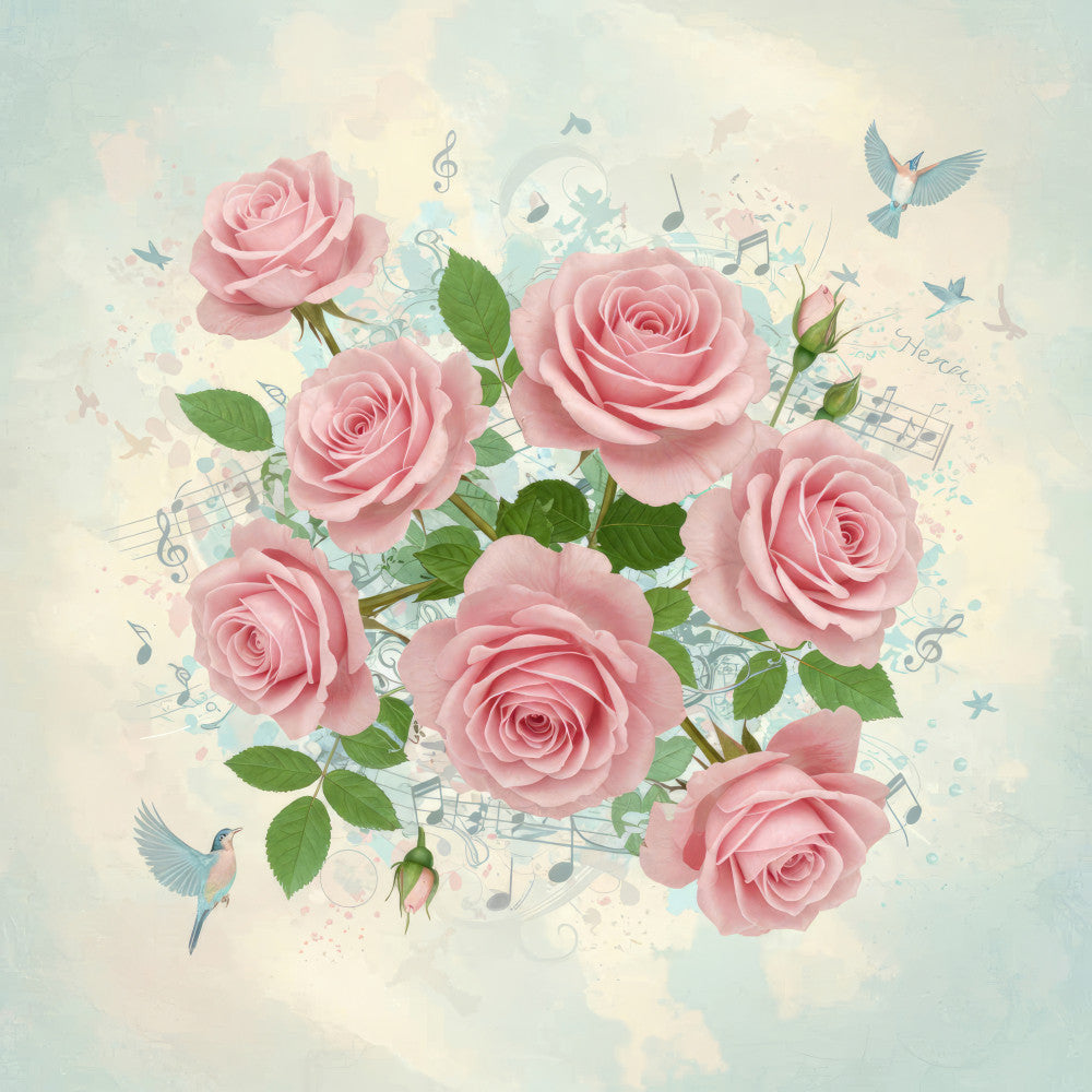 pink roses, blush pink, dusty rose, coral pink, soft pink, pale green, sage green, musical notes, sheet music, birds, blue birds, butterflies, floral, nature, romantic, elegant, whimsical, vintage, spring, garden, botanical, delicate, soft colors, pastel, dreamy, peaceful, aesthetic, artistic, inspirational
