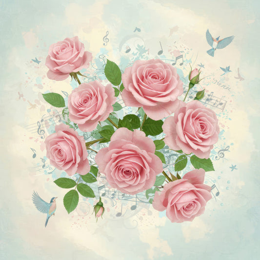 pink roses, blush pink, dusty rose, coral pink, soft pink, pale green, sage green, musical notes, sheet music, birds, blue birds, butterflies, floral, nature, romantic, elegant, whimsical, vintage, spring, garden, botanical, delicate, soft colors, pastel, dreamy, peaceful, aesthetic, artistic, inspirational