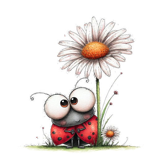 ladybug, daisy, whimsical, nature, garden, spring, red, orange, white, green, cute, children, nursery, animals, insects, flowers, happy, playful, charming, illustrated, watercolor, botanical, summer, baby quilt, wall hanging, decorative, folk art, storybook, enchanted, cheerful