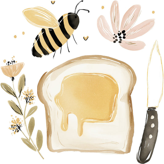 honey bee, bees, toast with honey, bread, kitchen themed, botanical, flowers, floral, nature, insects, beige, cream, golden yellow, black, soft pastels, whimsical, modern farmhouse, rustic, spring, summer, daisy, wildflowers, herbs, leaves, kitchen decor, food themed, baking, breakfast, cottage core, boho