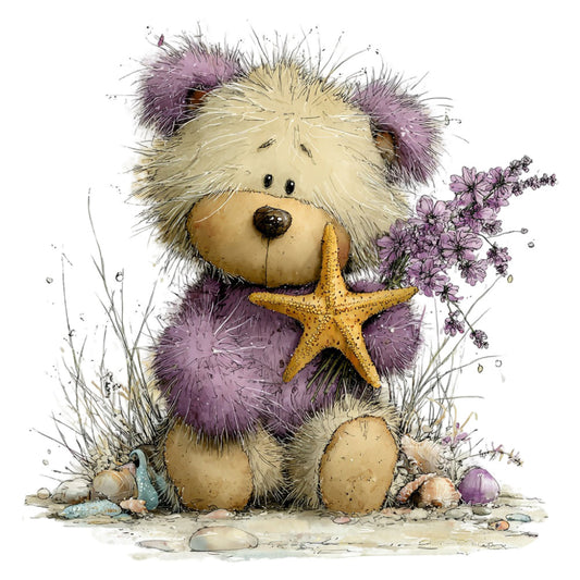 teddy bear, cream, lavender, purple, gold, starfish, beach theme, nautical, whimsical, cute animals, children's, baby, pastel colors, floral, wildflowers, seaside, coastal, soft colors, gentle, charming, fuzzy texture, illustration, watercolor style, gift fabric, decorative, playful, summer, nature inspired, fuzzy bear, shells