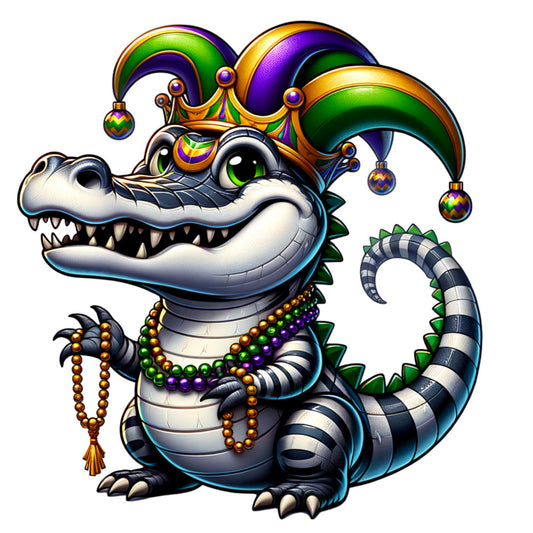 watercolor style, mardi gras theme, alligator character, jester hat, purple green gold, carnival beads, festive celebration, fabric panel, quilting cotton, louisiana culture, masquerade elements, reptile design, decorative bells, party atmosphere, new orleans inspired, whimsical illustration, carnival colors, festive reptile, mardi gras alligator