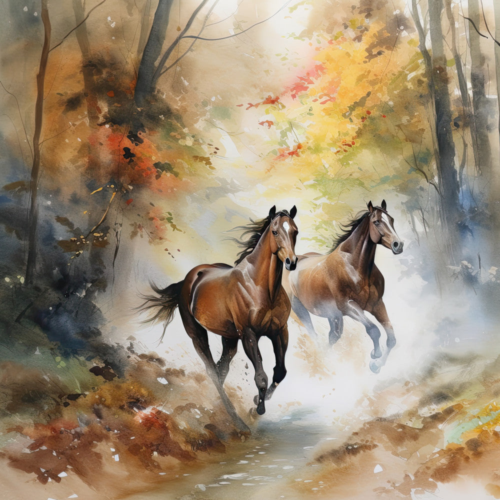 horses, autumn, fall foliage, watercolor, nature, animals, equestrian, running horses, landscape, woodland, forest, golden yellow, burnt orange, rustic, elegant, autumn leaves, misty, atmospheric, traditional, majestic, galloping, two horses, earthy tones, tan, cream, brown, wall hanging, home decor, nature-inspired, seasonal