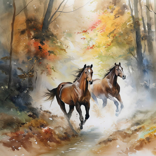 horses, autumn, fall foliage, watercolor, nature, animals, equestrian, running horses, landscape, woodland, forest, golden yellow, burnt orange, rustic, elegant, autumn leaves, misty, atmospheric, traditional, majestic, galloping, two horses, earthy tones, tan, cream, brown, wall hanging, home decor, nature-inspired, seasonal
