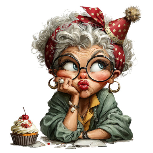 whimsical grandma, vintage character, retro style, quirky illustration, playful design, cream colored, forest green, deep red, gold accents, rosy cheeks, polka dots, heart motifs, eyeglasses, grey hair, christmas theme, holiday fabric, festive design, novelty print, character panel, grandma fashion, vintage inspired, humorous design, playful personality, decorative art, wall hanging, craft fabric, apparel fabric, mixed media style, fun pattern, charming character