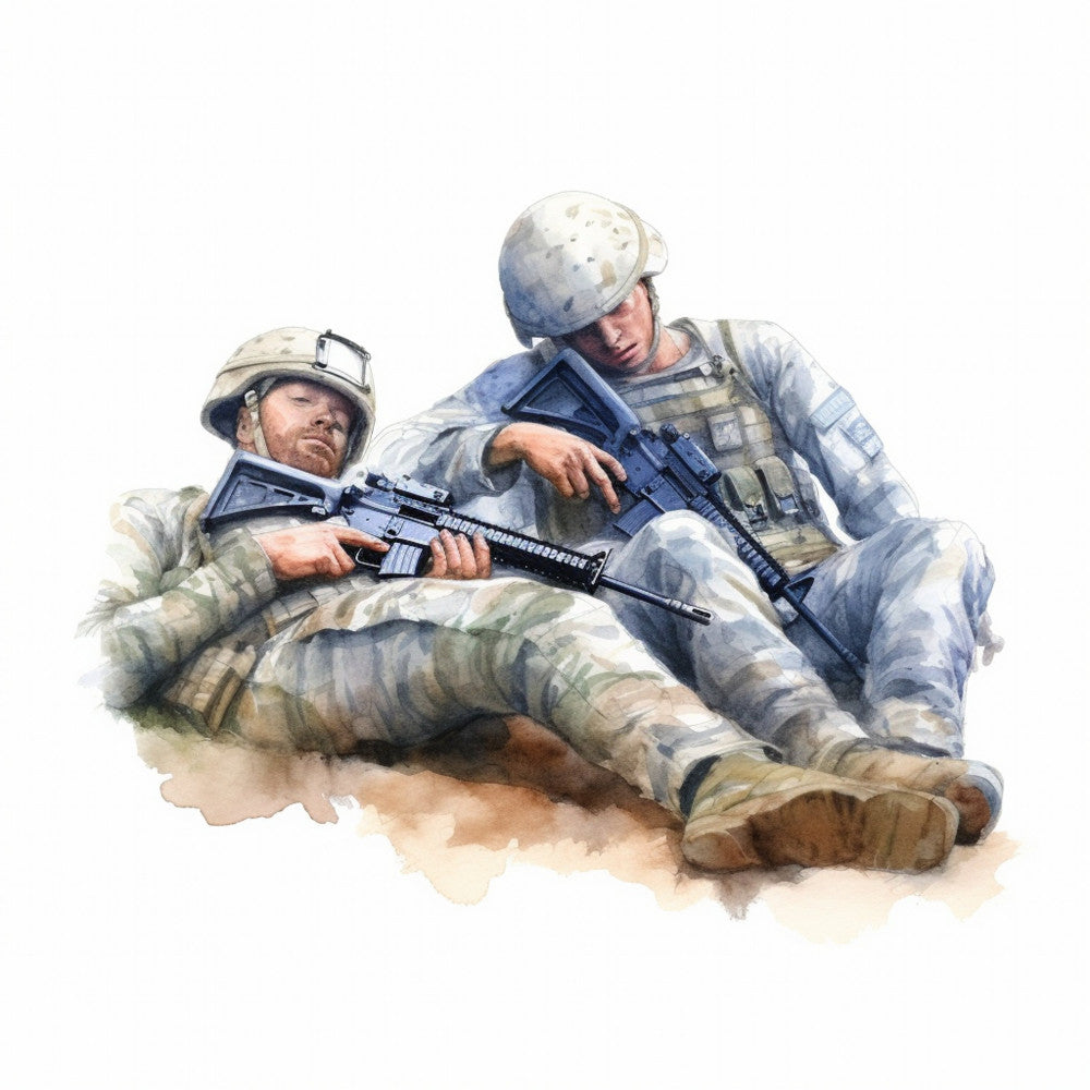 military, soldiers, desert tan, khaki, cream, light blue, gray, camouflage, armed forces, tactical gear, army, combat, patriotic, realistic portrait, men, masculine, action, adventure, duty, valor, courage, americana, contemporary, dramatic, uniform, helmet, rifles, sand tones, beige, wall hanging