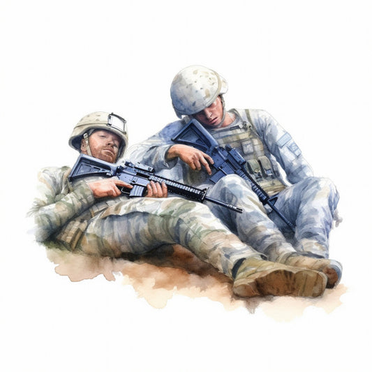 military, soldiers, desert tan, khaki, cream, light blue, gray, camouflage, armed forces, tactical gear, army, combat, patriotic, realistic portrait, men, masculine, action, adventure, duty, valor, courage, americana, contemporary, dramatic, uniform, helmet, rifles, sand tones, beige, wall hanging