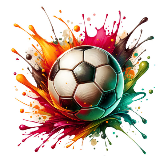 watercolor soccer ball, paint splash, vibrant colors, orange, magenta, teal, green, brown, yellow, sports theme, athletic design, dynamic movement, artistic splash, fabric panel, quilting cotton, soccer motif, energetic design, colorful splatter, paint drops, modern art style