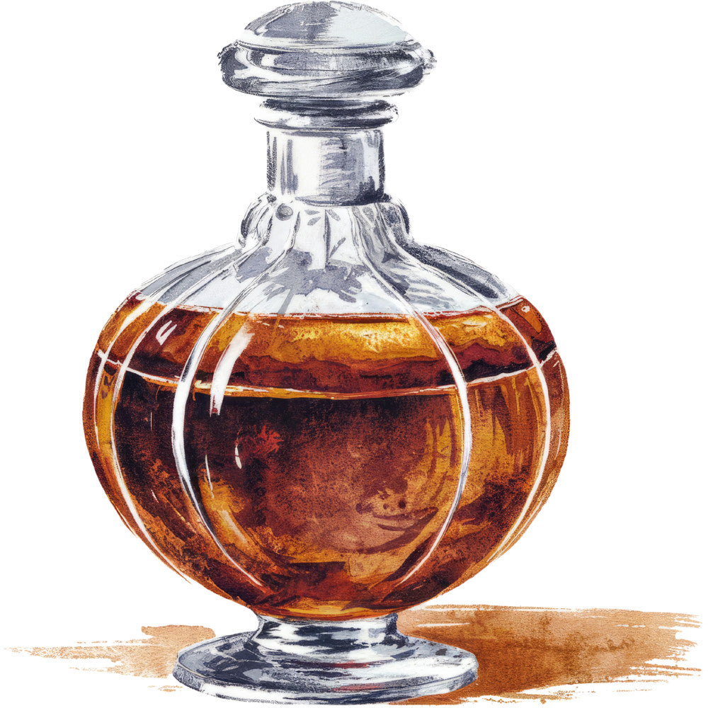 watercolor, amber liquid, glass decanter, crystal bottle, whiskey, bourbon, cognac, spirits, golden brown, burnt orange, clear glass, stopper, luxury beverage, alcohol themed, realistic painting, transparent effects, fabric panel, quilting cotton, bar theme, gentleman's club