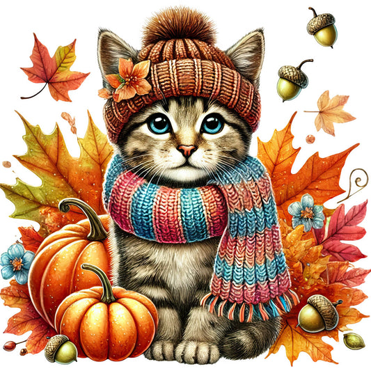 autumn cat, fall theme, cozy kitty, striped scarf, knit hat, pumpkins, acorns, maple leaves, orange, rust, teal, coral pink, cream, burnt orange, whimsical animals, cute cat face, blue eyes, seasonal decor, fall harvest, cozy vibes, woodland creatures, nature inspired, folk art style, hand drawn, cottage core, autumn leaves, festive fall, children's fabric, wall hanging, quilt panel