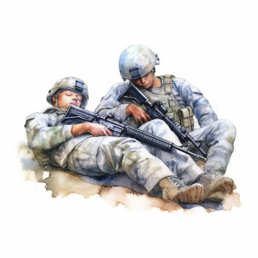 military, soldiers, armed forces, camouflage, tan, beige, gray, blue-gray, khaki, desert tones, action, tactical, patriotic, americana, heroic, courage, valor, strength, watercolor, painted effect, realistic, contemporary, military themed, service, duty, combat, defensive positions, armed personnel, soldier portrait, camouflage pattern