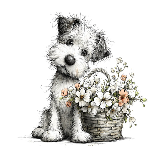 dog, puppy, terrier, cute animals, black and white, cream, tan, beige, peach, coral, floral, flowers, basket, nature, whimsical, charming, spring, summer, children's, baby, vintage style, botanical, garden, flowers in basket, illustration, storybook, pastoral, soft colors, gentle, sweet
