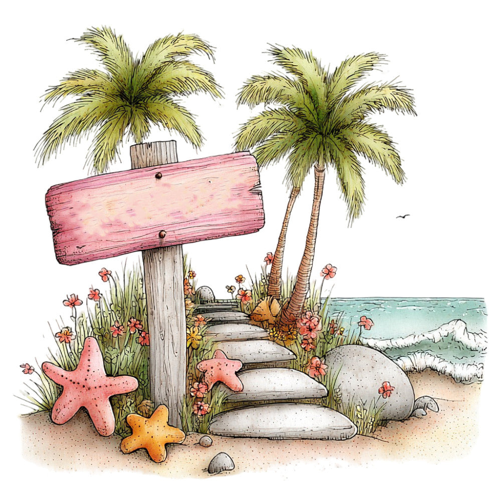 beach scene, coastal, tropical, palm trees, starfish, seaside, ocean waves, sand, summer, whimsical, nautical, coral pink, turquoise, sandy beige, cream, nature, pathway, stepping stones, flowers, small blooms, children's, coastal living, seaside charm, adventure, travel theme, wanderlust, illustration style, hand-painted, decorative panel