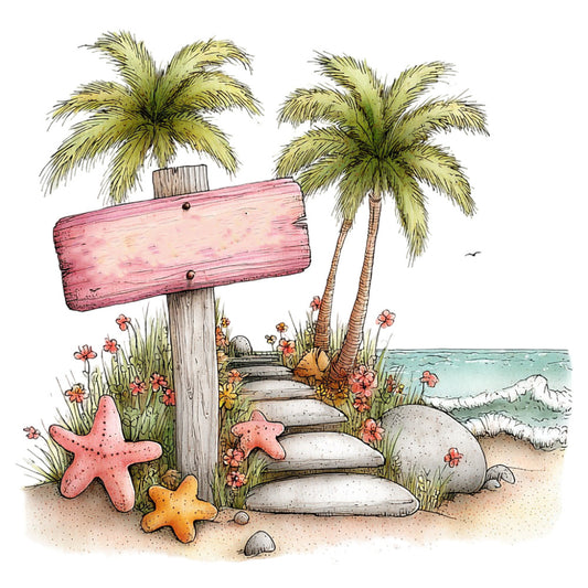 beach scene, coastal, tropical, palm trees, starfish, seaside, ocean waves, sand, summer, whimsical, nautical, coral pink, turquoise, sandy beige, cream, nature, pathway, stepping stones, flowers, small blooms, children's, coastal living, seaside charm, adventure, travel theme, wanderlust, illustration style, hand-painted, decorative panel