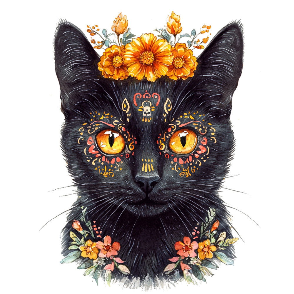 black cat, golden yellow eyes, orange flowers, gerbera daisy, floral crown, ornate, decorative, bohemian, whimsical, mystical, celestial, mandala patterns, folk art, botanical, autumn colors, warm tones, coral pink, gold accents, nature-inspired, animal lovers, cat art, ethereal, artistic, hand-drawn, detailed illustration, wall hanging, fabric panel