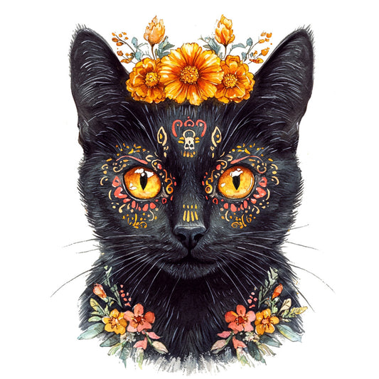 black cat, golden yellow eyes, orange flowers, gerbera daisy, floral crown, ornate, decorative, bohemian, whimsical, mystical, celestial, mandala patterns, folk art, botanical, autumn colors, warm tones, coral pink, gold accents, nature-inspired, animal lovers, cat art, ethereal, artistic, hand-drawn, detailed illustration, wall hanging, fabric panel