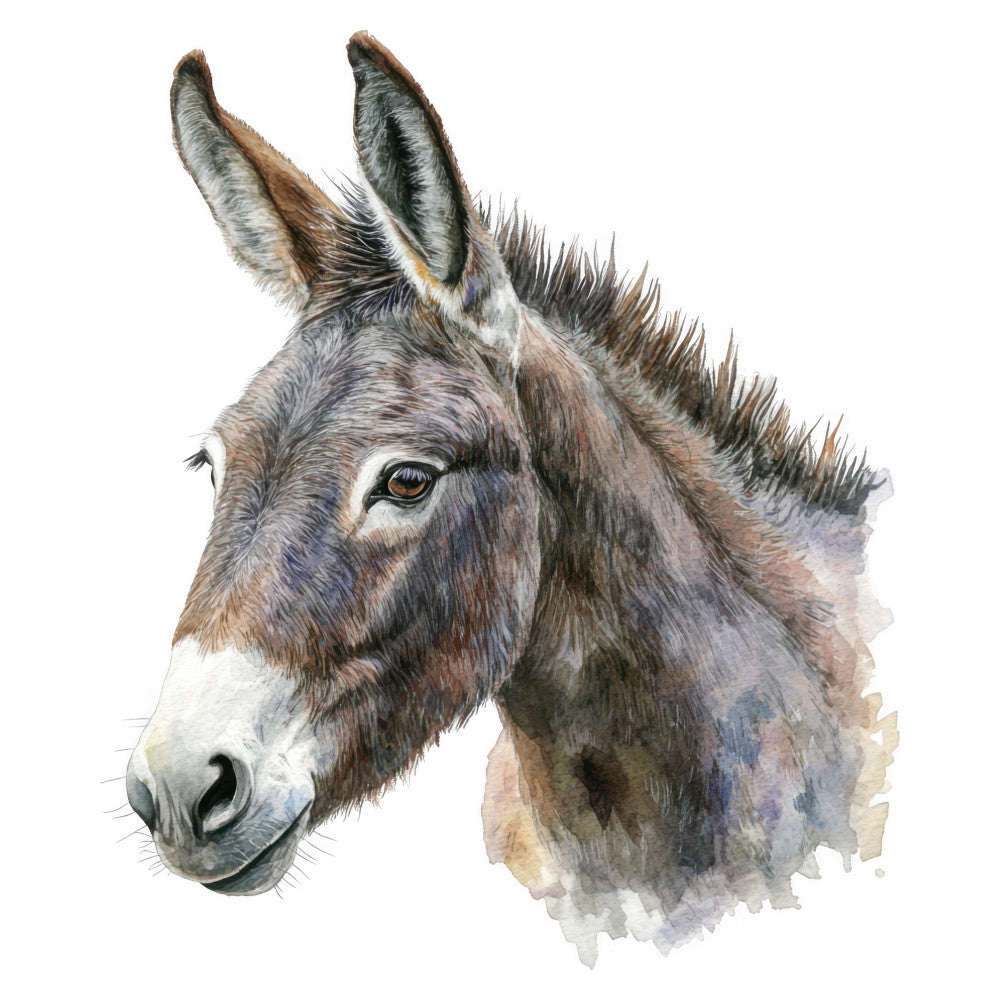donkey, farm animals, animal portrait, watercolor, realistic, rustic, farmhouse, barn animals, livestock, brown, tan, gray, cream, beige, neutral tones, earthy tones, countryside, pastoral, animal lover, children's, whimsical, gentle, soft, nature inspired, wall art, decorative, artistic, watercolor style