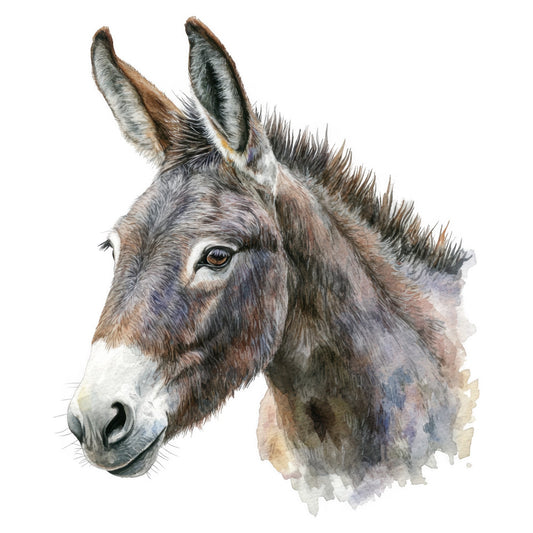 donkey, farm animals, animal portrait, watercolor, realistic, rustic, farmhouse, barn animals, livestock, brown, tan, gray, cream, beige, neutral tones, earthy tones, countryside, pastoral, animal lover, children's, whimsical, gentle, soft, nature inspired, wall art, decorative, artistic, watercolor style
