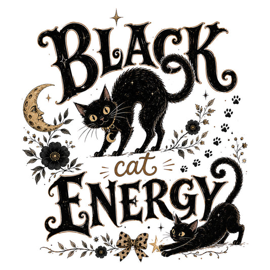 black cat, cat energy, witchy, celestial, moon, stars, crescent moon, black flowers, dark florals, gold accents, metallic gold, paw prints, mystical, gothic, halloween, spooky, elegant, whimsical, vintage botanical, nature themed, animal motif, floral pattern, dark academia, magical, enchanted, bow detail, nighttime theme, witchcraft aesthetic, dark color palette, black and cream