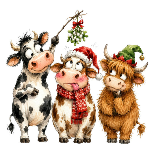 christmas, holiday, festive, farm animals, cows, cattle, whimsical, humorous, funny, cute, red, cream, brown, tan, gold, green, mistletoe, santa hat, elf hat, scarf, rustic, farmhouse, country, children's, playful, animals with hats, winter, seasonal, gift fabric