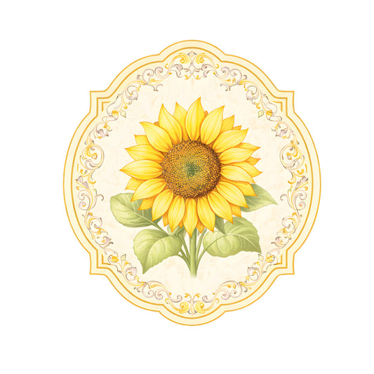 sunflower, golden yellow, bright yellow, sage green, cream, ornamental border, floral, nature, botanical, vintage, elegant, traditional, decorative frame, summer, spring, farmhouse, cottage style, garden themed, timeless, classic, ornate scrollwork, sunflower panel, yellow flower, green leaves, nature inspired, whimsical elegance