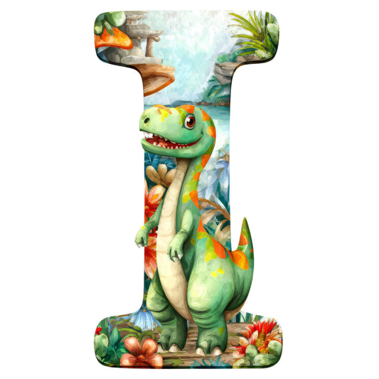 green dinosaur, letter i, tropical jungle, orange mushrooms, red flowers, palm trees, waterfall, bright colors, children's fabric, cartoon style, prehistoric theme, fabric panel, quilting cotton, playful design, jungle scene, dinosaur alphabet, vibrant illustration, kids decor, educational fabric, nature elements