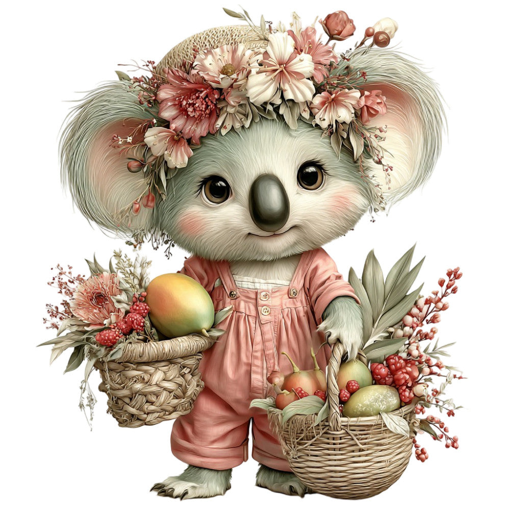 cute koala, floral crown, pink flowers, cream white, sage green, dusty rose, botanical, whimsical, woodland animals, nature themed, baby nursery, children's illustration, easter, spring, vintage botanical, pastel colors, gerbera daisies, flower baskets, adorable creatures, soft colors, sweet theme, storybook style, decorative panel, wall hanging, nursey decor, gingham dress, rustic charm, sweet animal character, feminine floral