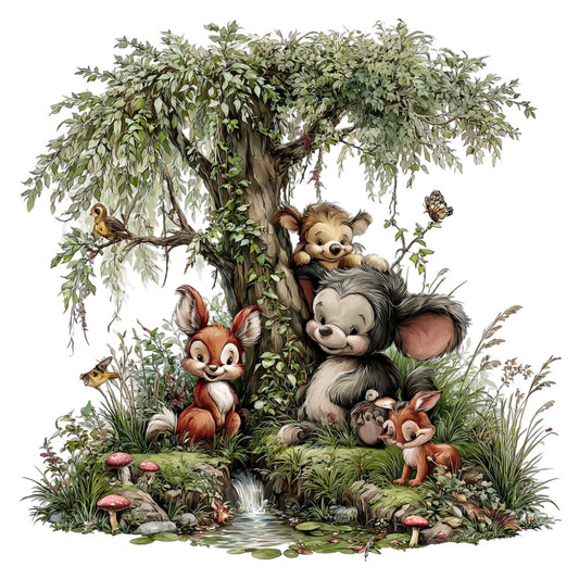 woodland animals, forest green, cream, sage green, tan, brown, whimsical, storybook, cute animals, squirrel, mouse, bear, bird, nature, forest scene, mushrooms, stream water, woodland creatures, children's, nursery, baby quilt, vintage illustration, fairy tale, enchanted forest, natural colors, earthy tones, pastoral, charming, magical woodland, sweet animals