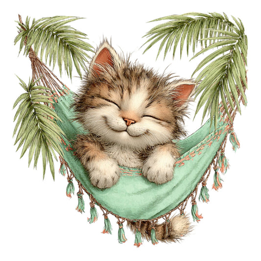 cat, tabby cat, fluffy cat, sleeping cat, happy cat, smiling cat, whimsical, tropical, palm leaves, hammock, relaxation, peaceful, calming, mint green, sage green, cream, white, brown, rust orange, nature, animals, bohemian, coastal, summer, vacation vibes, playful, cute, decorative, wall hanging, home decor