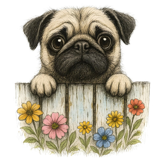 pug, dog, animal, cute, whimsical, flowers, floral, daisies, gerbera, botanical, nature, farmhouse, rustic, vintage, yellow, pink, coral, blue, cream, beige, black, garden, spring, summer, pet lover, dog lover, charming, folk art, illustration, wooden fence