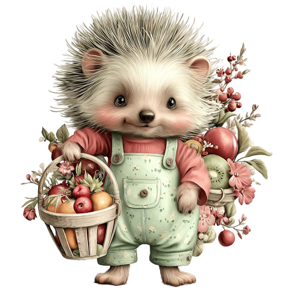 hedgehog, woodland animals, cute animals, whimsical, pastel colors, sage green, dusty rose, coral pink, cream, soft colors, floral, nature, spring, harvest, fruit basket, apples, berries, botanical, flowers, rustic, farmhouse, vintage, children's, baby, illustrated, storybook style, adorable, charming, garden theme