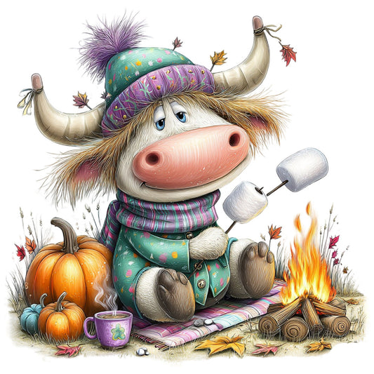 whimsical, autumn, fall, purple, teal, orange, cream, burnt orange, pumpkin, cozy, campfire, bonfire, animals, yak, buffalo, cow, character, cute, playful, folk art, rustic, plaid, striped, patchwork, leaves, fall foliage, forest green, magenta, campground, outdoor