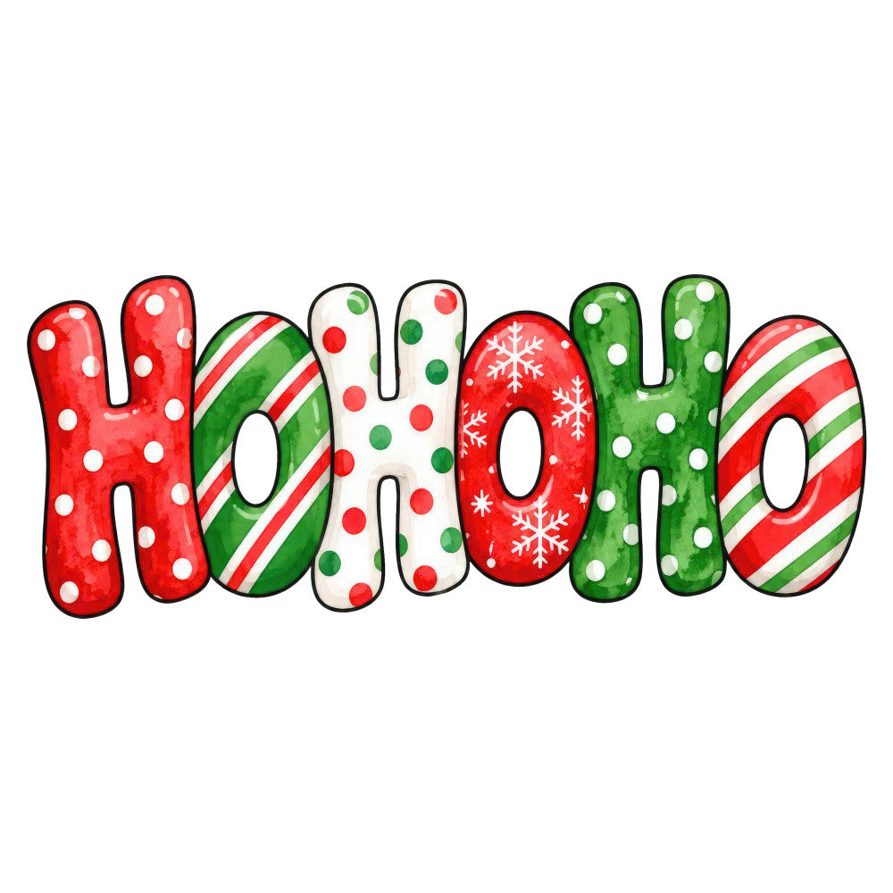 christmas, holiday, festive, ho ho ho, red, green, white, candy cane, striped, polka dot, snowflake, seasonal, winter, cheerful, whimsical, playful, traditional christmas, retro, vintage style, fun, colorful, multi-colored, december, festive greeting, wall hanging, home decor, decorative panel, bright, jolly, seasonal decoration