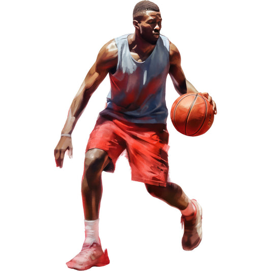 basketball player, sports, athletic, action pose, red shorts, blue tank top, orange basketball, male athlete, sports theme, dynamic, energetic, motion, basketball court, team colors, red and blue, coral orange, sky blue, burgundy red, white socks, modern, contemporary, sports fan, basketball enthusiast, men's apparel, athletic wear, competitive spirit, championship, game day, sports illustration, portrait