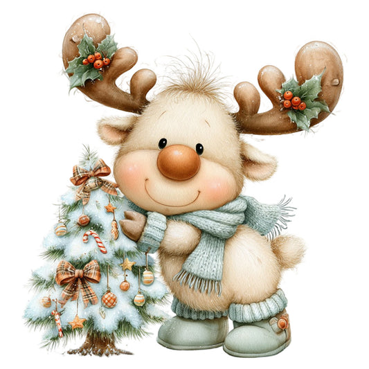cute reindeer, christmas, holiday, winter, cream white, sage green, rust orange, brown, whimsical, festive, reindeer with holly, christmas tree, animals, children's, baby, decorative, nostalgic, vintage style, charming, jolly, seasonal, december, plaid bows, striped scarf, cozy, traditional christmas, character panel, illustrated, heartwarming