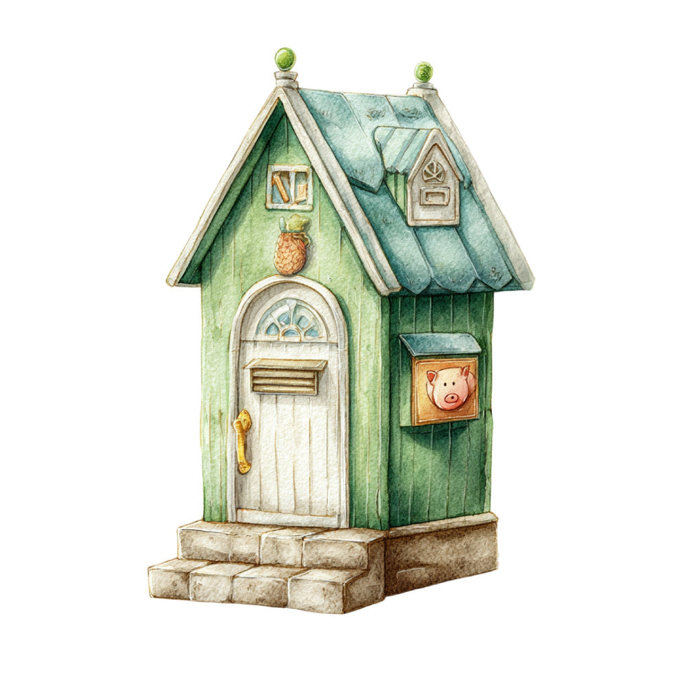 sage green, forest green, cream, beige, tan, pineapple, pig, whimsical, farmhouse, cottage core, storybook, illustrated, children's, fairy tale, vintage, nostalgic, rustic, charming, detailed, decorative house, mailbox, windows, roof tiles, pastoral, country, folk art, spring, playful, magical
