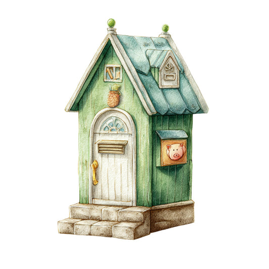 sage green, forest green, cream, beige, tan, pineapple, pig, whimsical, farmhouse, cottage core, storybook, illustrated, children's, fairy tale, vintage, nostalgic, rustic, charming, detailed, decorative house, mailbox, windows, roof tiles, pastoral, country, folk art, spring, playful, magical