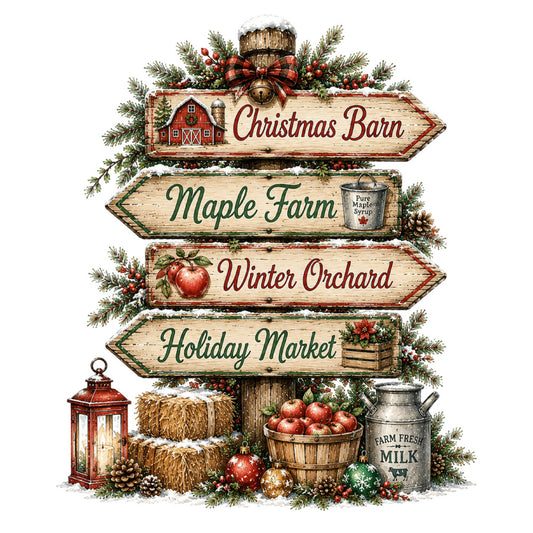 christmas, holiday, winter, farmhouse, rustic, red, cream, forest green, burgundy, vintage, directional, barn, apples, maple syrup, seasonal, farm fresh, evergreen, plaid bow, hay bales, lantern, traditional, americana, country, harvest, decorative panel, wall hanging, festive, homestead