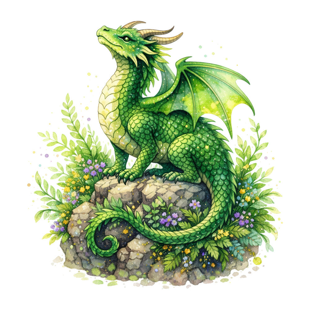 lime green, sage green, yellow green, chartreuse, purple flowers, yellow flowers, lavender, dragon, fantasy, mythical creature, nature, woodland, garden, whimsical, magical, ethereal, watercolor, botanical, leaves, flora, scales, wings, horns, enchanted, storybook, fairytale, spring, summer, wall hanging, decorative panel