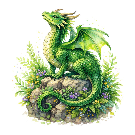 lime green, sage green, yellow green, chartreuse, purple flowers, yellow flowers, lavender, dragon, fantasy, mythical creature, nature, woodland, garden, whimsical, magical, ethereal, watercolor, botanical, leaves, flora, scales, wings, horns, enchanted, storybook, fairytale, spring, summer, wall hanging, decorative panel