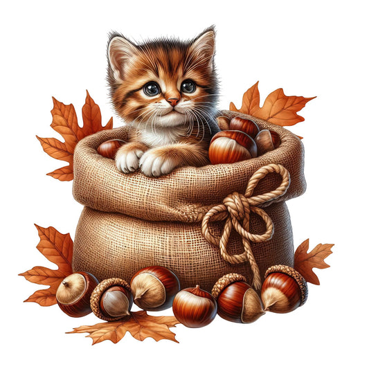 autumn kitten, fall cat, orange tabby, rust brown, cream white, tan beige, burlap texture, acorns, chestnuts, maple leaves, harvest theme, autumn animals, cute cat, whimsical style, rustic fall, cozy seasonal, woodland creatures, october fabric, thanksgiving, fall harvest, baby quilt, wall hanging, children's print, animal motif, seasonal décor, warm tones, nature-inspired, farmhouse style, adorable kitten panel